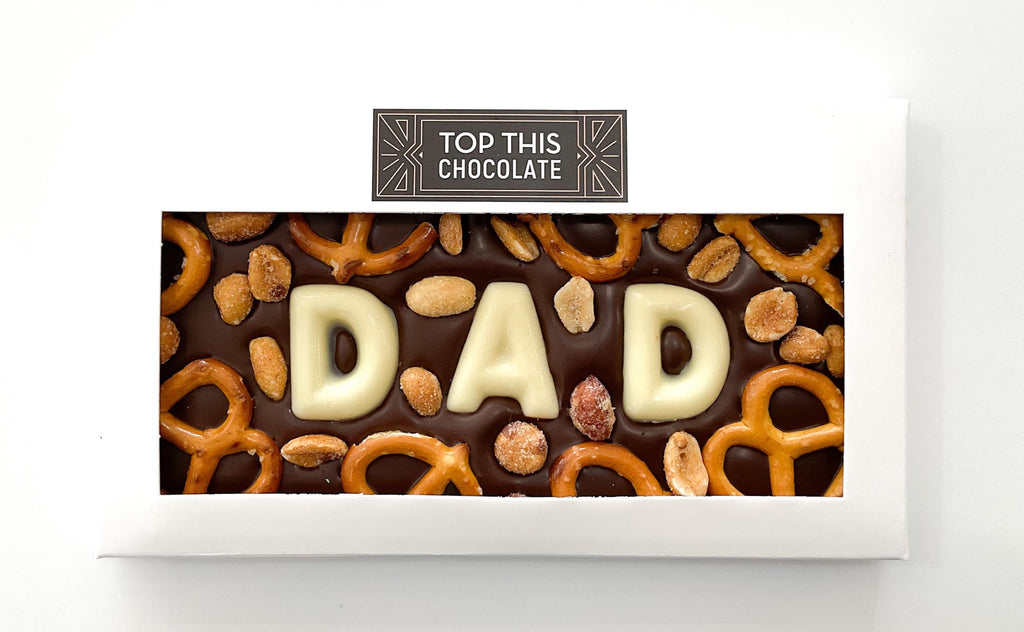 DAD pretzel peanut dark chocolate bar in box