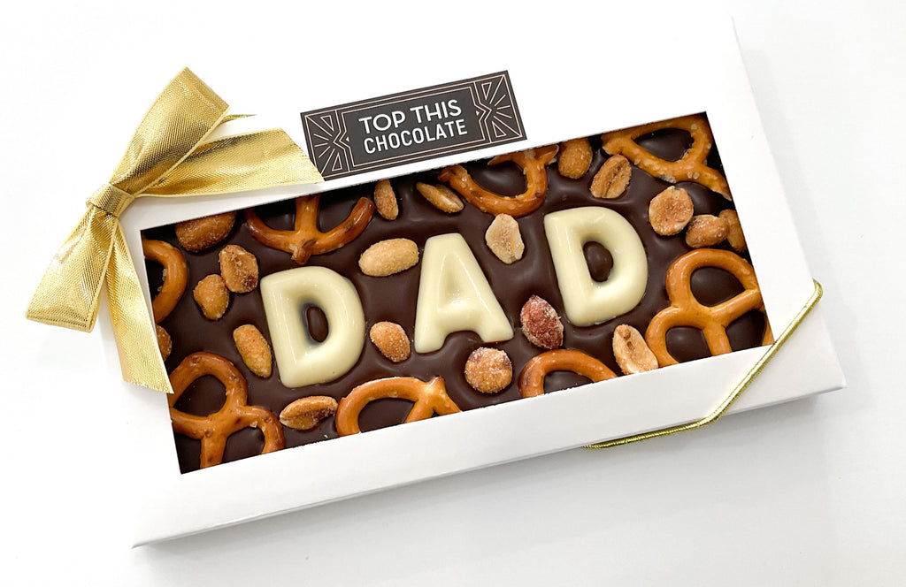 DAD pretzel peanut dark chocolate bar with bow