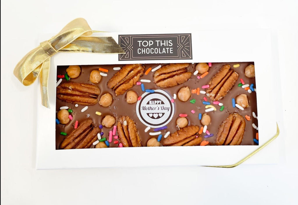 Happy Mother's Day Dark Chocolate Bar with Caramel, Pecans, Rainbow Sprinkles and Sea Salt with Gift Bow