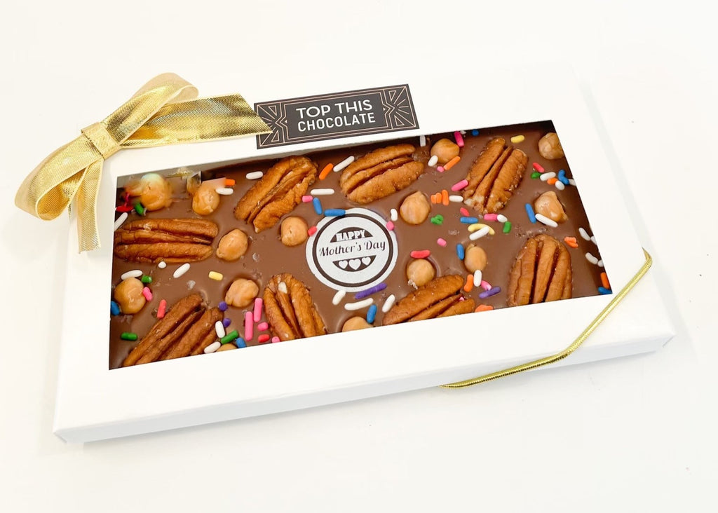 Happy Mother's Day Dark Chocolate Bar with Caramel, Pecans, Rainbow Sprinkles and Sea Salt with  Gift  Bow
