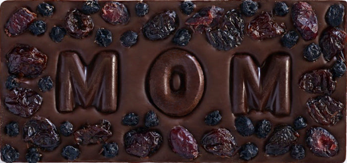 Chocolate Bar with Mom in Chocolate Letters, Cherries, Blueberries and Cranberries