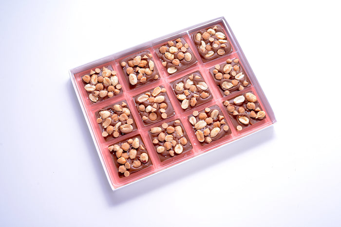 Chocolate Squares with Peanut Butter Chips, Peanuts, Caramel & Sea Salt