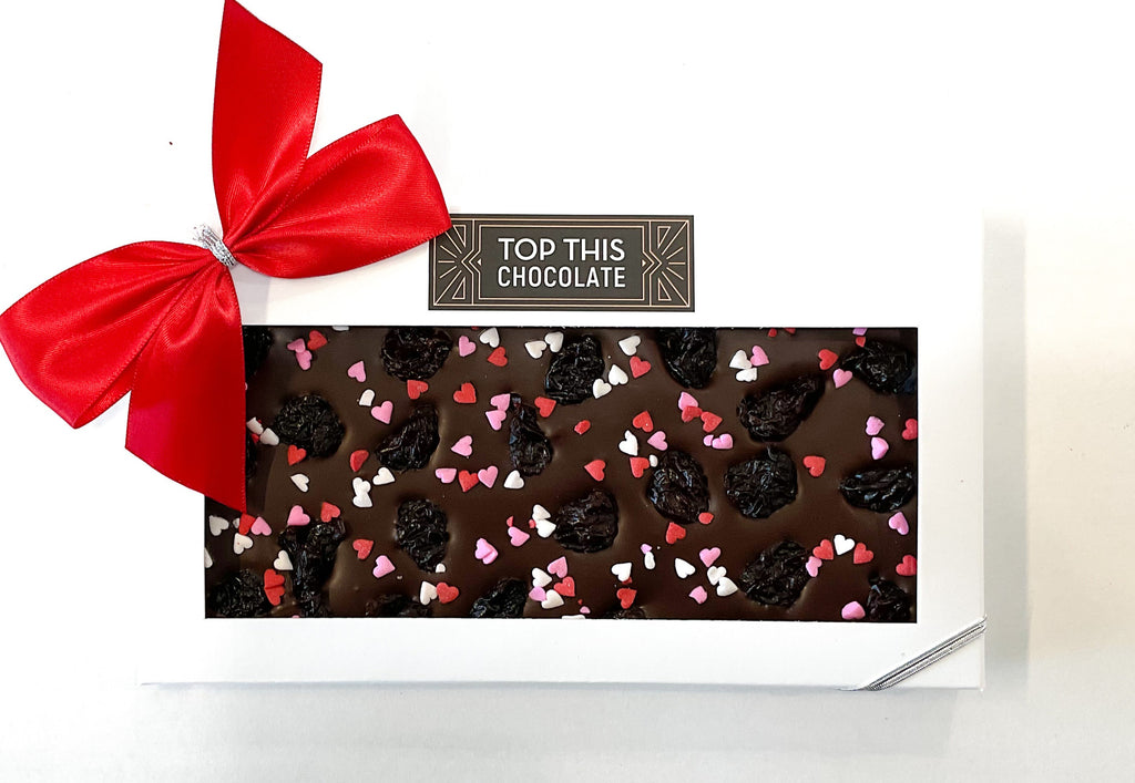 Dried Cherries & Heart Sprinkles Chocolate Bar with Bow