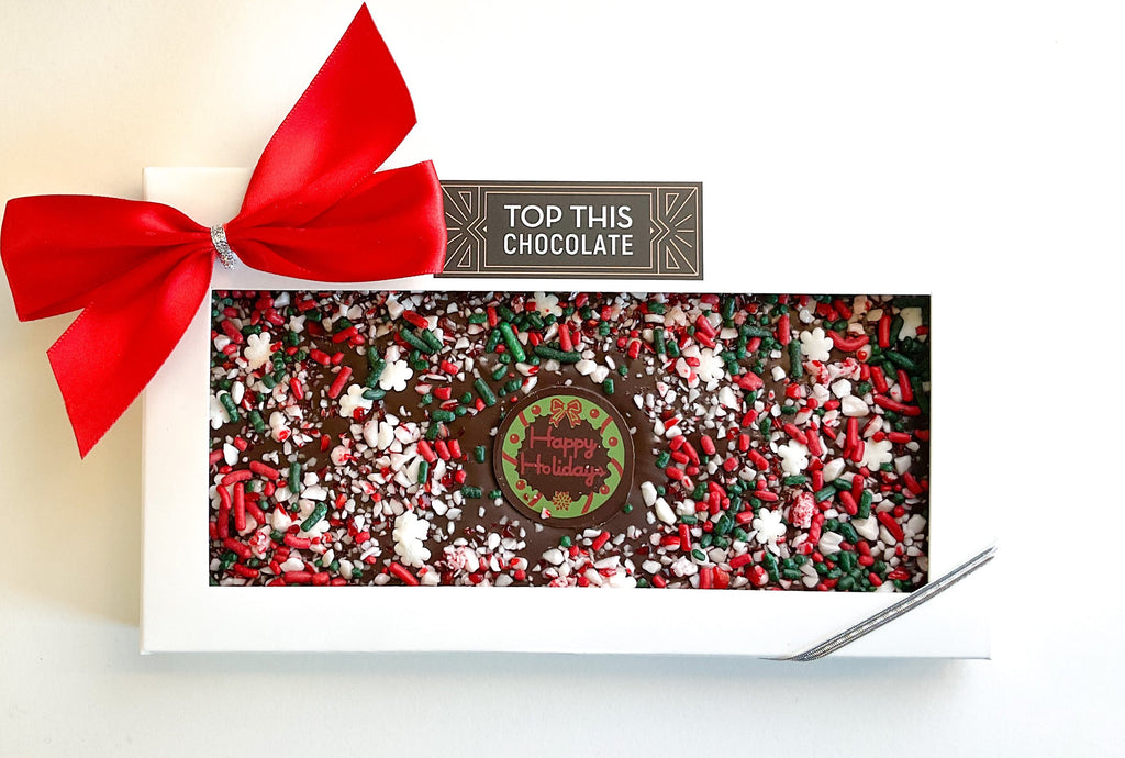 Candy Cane Sprinkles Chocolate Bar that says "Happy Holidays" with Bow