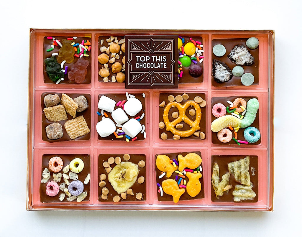 12 Milk Chocolate Squares with a Variety of Sweet and Salty Toppings