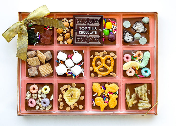 12 Milk Chocolate Squares with a Variety of Sweet and Salty Toppings and gift bow