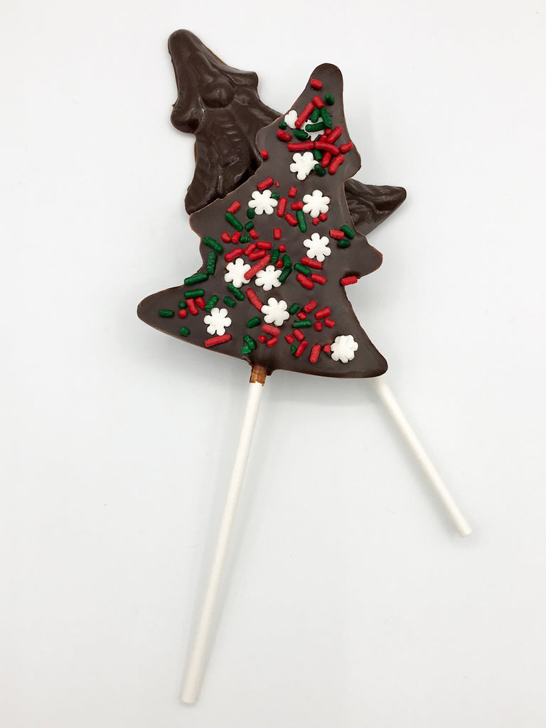 Christmas Tree Chocolate Pops with Snowflake Sprinkles