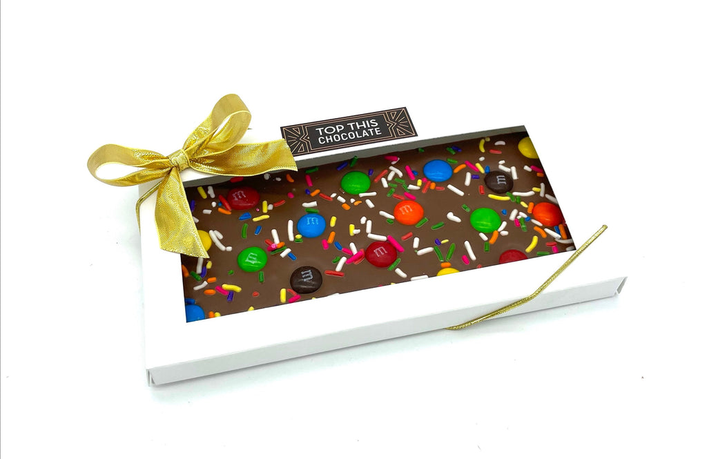 M&Ms sprinkles chocolate bar with bow
