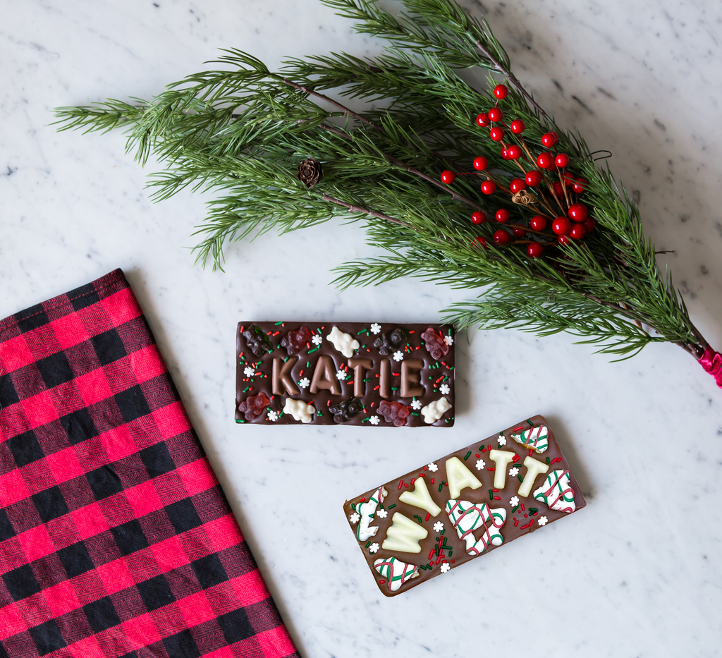 Holiday Chocolate Bars with Names in Chocolate Letters